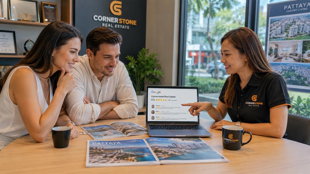 A Pattaya real estate consultant discussing client reviews, local expertise, and property advice with buyers during an in-person consultation.